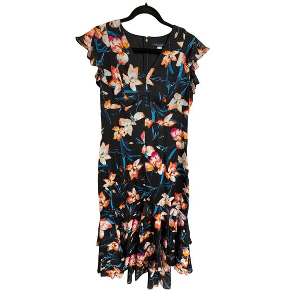 Tommy Hilfiger Black Tropical Floral V Neck Tiered Hem Dress Size 10 - Picture 1 of 8